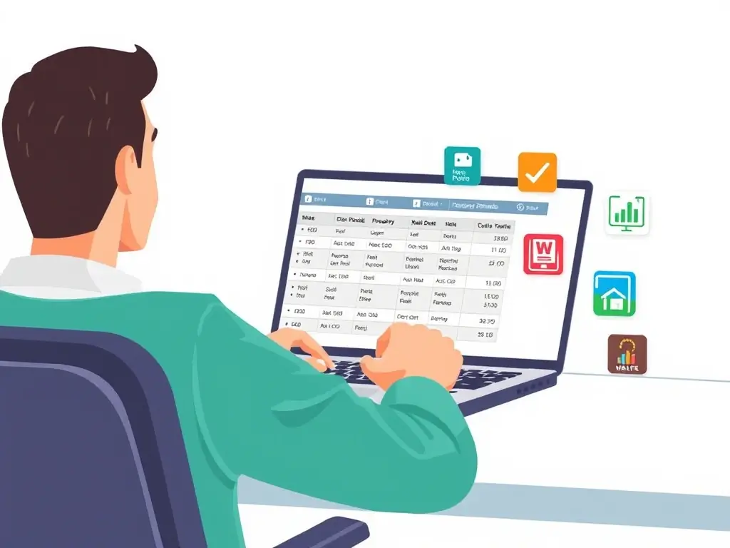 An illustration depicting a user accessing public records and online databases to verify property ownership and details.