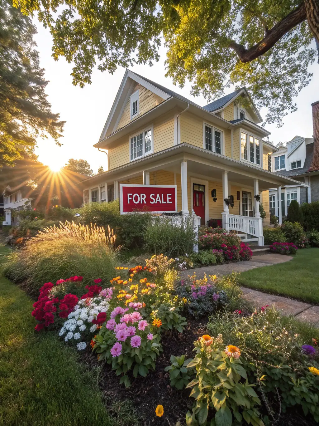A modern house with a well-manicured lawn and a 'For Sale' sign in the front yard, taken on a sunny day to highlight its curb appeal for Homefront's listings.