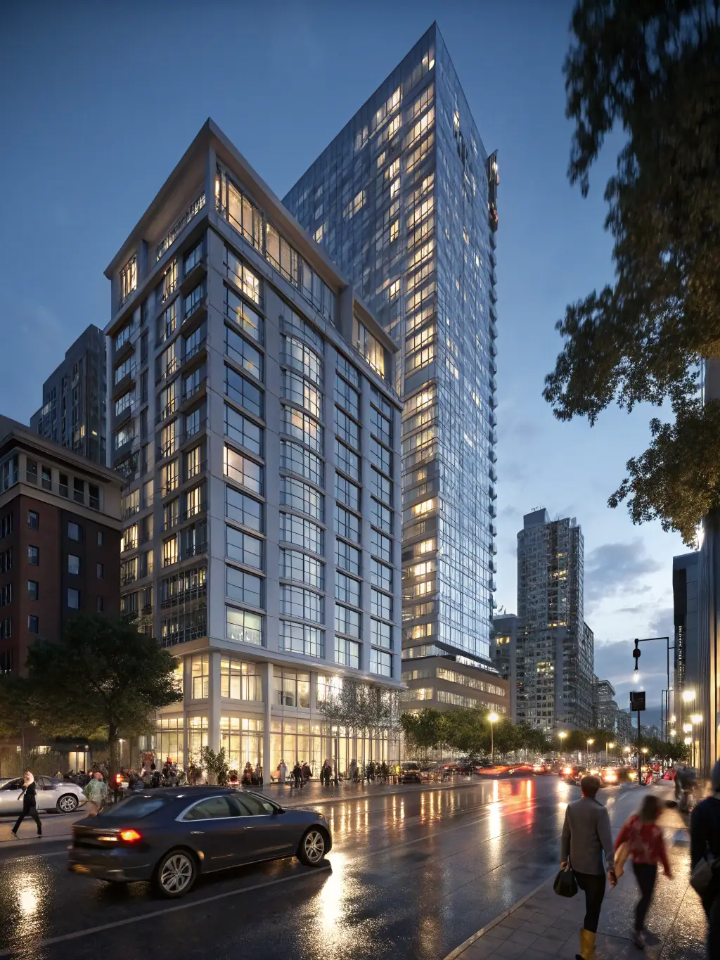 A high-rise apartment building in a bustling city center, photographed at dusk to capture the vibrant city lights and the building's modern architecture for Homefront's listings.