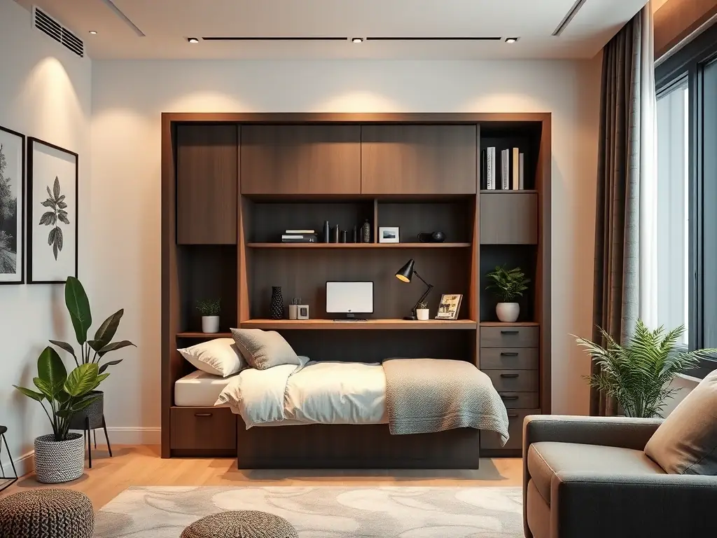A compact, stylish studio apartment with a Murphy bed, integrated storage solutions, and a small kitchenette. The image highlights the efficient use of space, modern design, and convenient location, appealing to students or young professionals.