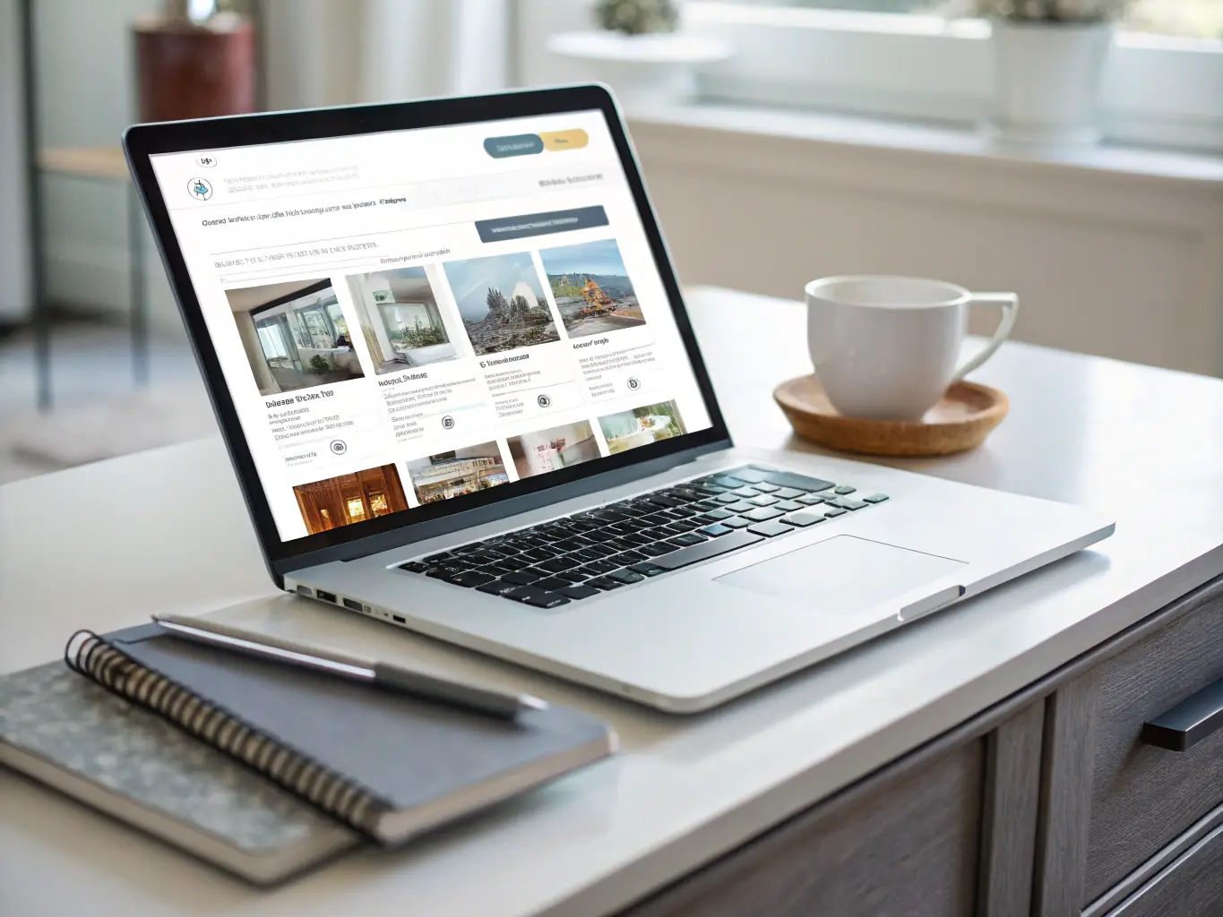 A clean, modern interface showcasing Homefront's property listing search feature on a desktop computer, with various filters and property cards displayed.